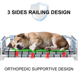 Elevated Raised Outdoor Dog Bed - Cooling Washable Dog Cot with Guardrail, Durable & Breathable Cotton Mesh Pet Hammock Beds with Stainless Steel Pipe Frame for Small Pets (Cushion-(M-))