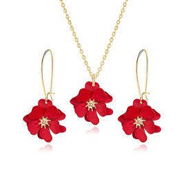 WCRAZYE Bohemian Daisy Flower Earrings Necklace Sets for Women Unique Trendy Boho Matte 3D Gold Flower Floral Petal Statement Earring Wedding Jewelry (Red)