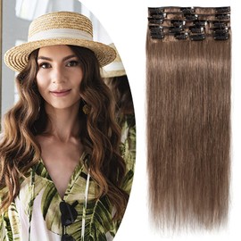 SEGO Clip-In Real Hair Extensions, 8 Pieces, Remy Hair Extensions, Natural Hairpiece, Straight, Light Brown #6, 35 cm (60 g)