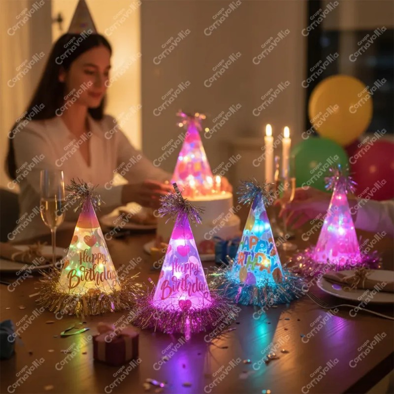 5 Gorros Led Cono Escarcha Tornasol Fiesta Feliz Cumpleaños Iridiscente