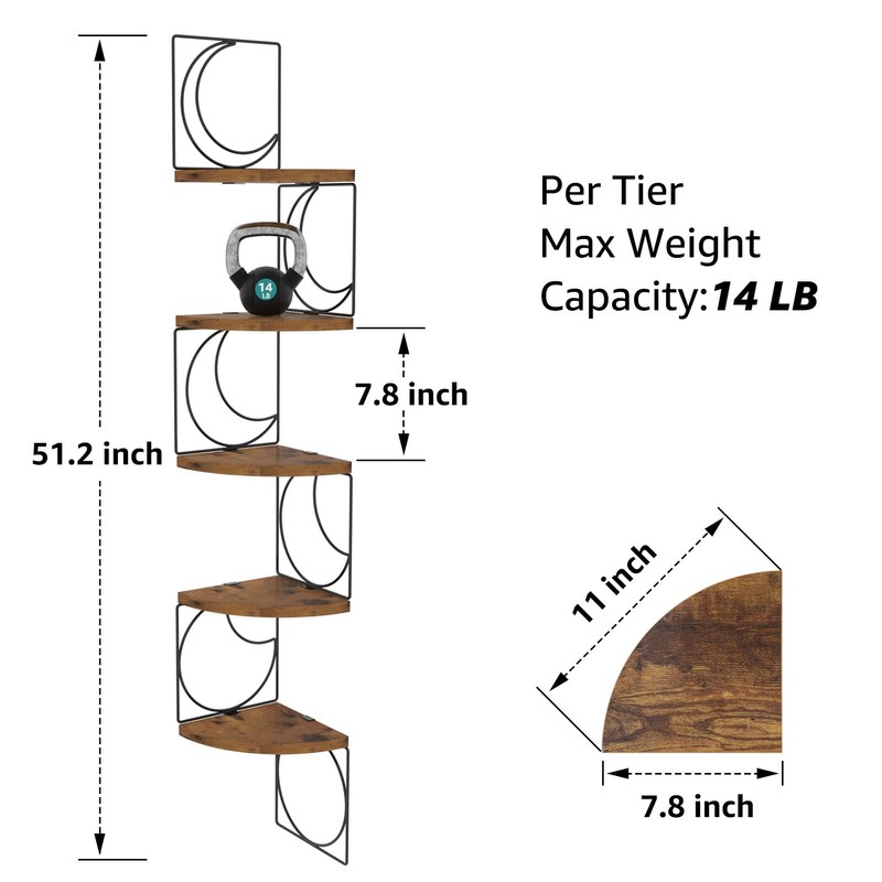 PHAREGE 5 Tier Moon Phase Corner Shelves Brown Black, Rustic