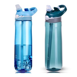 DEARART 2-Pack 24oz Light Blue & Dark Cyan Water Bottles With Straw, Leakproof BPA FREE Hidden Nozzle, Flip Up Lid Has Handle Wide Bottle Easy Clear, Suit Office Outdoor Sports Travel Gym.