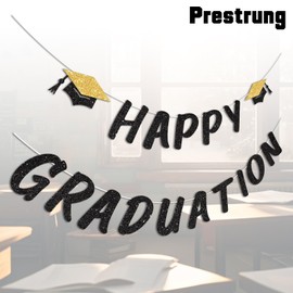 Vofrise Black Happy Graduation Banner for 2025 Grad Party Decorations Glitter Cap Congrats Grad Banner Sign for Class of 2025 Graduation Decorations