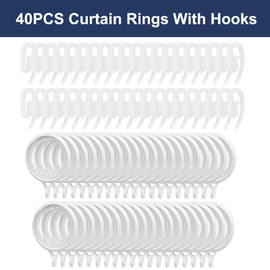 40 Pack Curtain Rings and Hooks, KissDate White 42mm Hanging Rings Hooks Plastic White Curtain Rings with Hooks for Hanging Curtains Drape Sliding Eyelet Rings