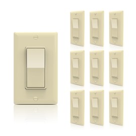 TOPELER Decorator Light Switch with Wallplates, Single Pole or 3 Way Paddle Rocker Switch, 15A 120/277V Electrical Wall Switches, Self-Grounding, Residential Grade, Ivory, 10Pack