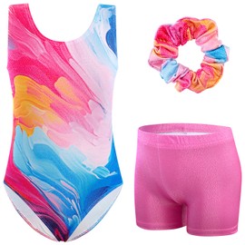 XiaoMoSha Gymnastics Leotards for Girls with Shorts and Hairband Sparkly Ballet Dance Set Kids Glitter Multi Gradient Color Biketards Unitards Sparkly Gymnastics Outfits PinkBlue 3-4Y