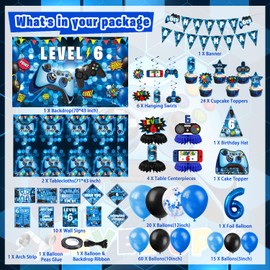 KOTLMIGHT 6th Birthday Decorations for Boys, 149Pcs Blue Video Game level 6 Party Supplies for Boy 6th Birthday - Backdrop, Banner, Balloons, Tablecloth, Centerpieces, Hanging Swirls, Wall Signs