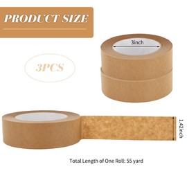 3Pcs Water Activated Tape, Eco-Friendly Brown Gummed Kraft Paper Tape for Shipping, Sealing, Moving & Masking, Heavy Duty Adhesive, 36mm x 54.6yd Per Roll,