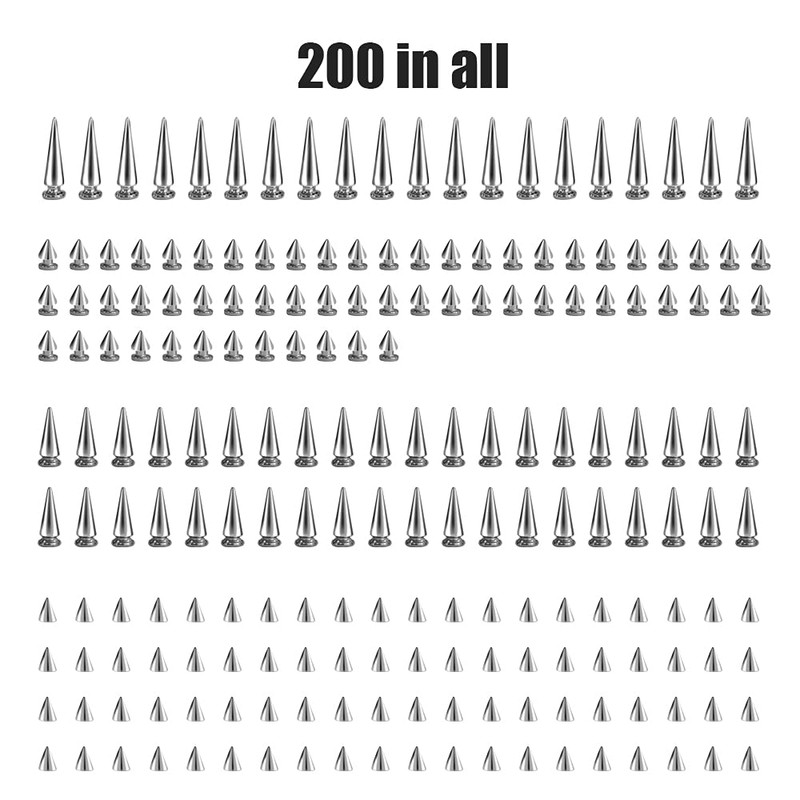 200 Sets Silver Cone Spikes Multiple Sizes Screw Back Studs