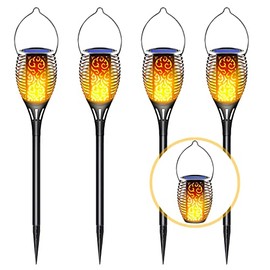 LazyBuddy Solar Outdoor Lights, Large Solar Tiki Torches with Flickering Flame, 3 Option Fire Effect Hanging Lanterns Solar Powered Landscape Decorations Torch Light for Garden, Pathway, Lawn (4 Pack)