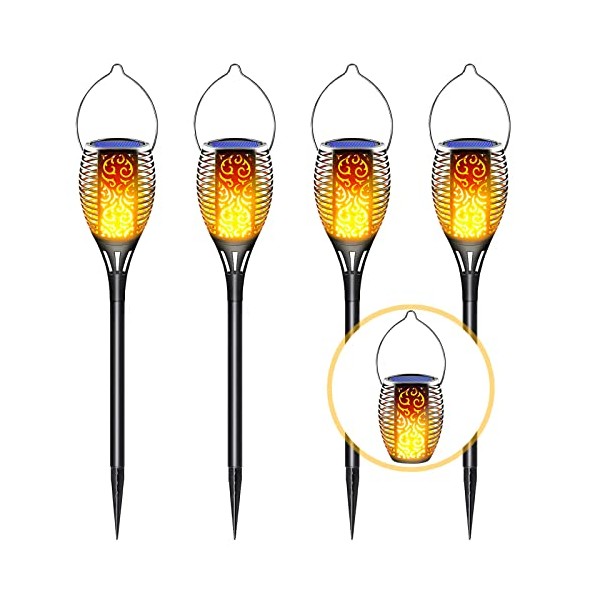 LazyBuddy Solar Outdoor Lights, Large Solar Tiki Torches with Flickering Flame, 3 Option Fire Effect Hanging Lanterns Solar Powered Landscape Decorations Torch Light for Garden, Pathway, Lawn (4 Pack)