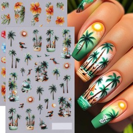 Summer Nail Stickers Flower Palm Coconut Tree Nail Decals 4PCS 3D Self-Adhesive Summer Tropical Ocean Nail Art Supplies Flower Stickers for Nails Slider Manicure Accessories DIY Nail Decorations