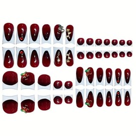 48Pcs White French Tips Press on Nails Medium Red Duck Fake Nails with 3D Cherry Charm Design Short Square Press on Toenails Gold Rose Fake Nails Summer False Nails for Women Girls Manicure