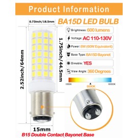 Lamsky BA15D Led Bulbs 6W Dimmable 120V,B15 Double Contact Bayonet Base,Daylight White 6000K,60W JD Type T3/T4 Halogen Equivalent Replaces for Pendants Ceiling Fans Sewing Machine Light(6-Pack)