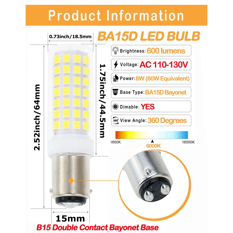 BA15D Led Bulbs 6W Dimmable 120V,B15 Double Contact Bayonet Base,Daylight