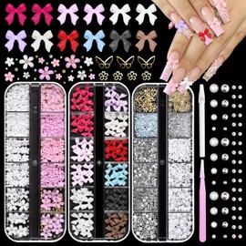 Assorted Acrylic Nail Charms, Acrylic Flower Bows Nail Art Charms and Flatback Pearls Gems, Flatback Glass AB&Clear Crystal Gems for Nails Art DIY with Pickup Tools