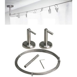 QQ-OUTLET WirePro Curtain Wire Rod Set Stainless Steel, Multi-Purpose, 16.5' Wire, 2 Mounting Pieces