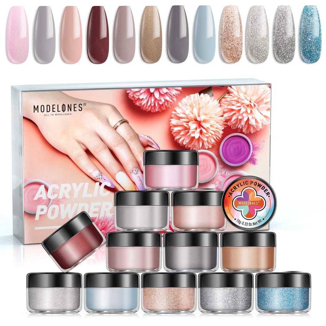 MODELONES Acrylic Powder Nude Gray Color Set 12 Color Professional Polymer Colorful Kit
