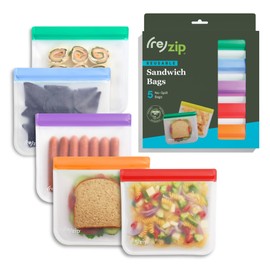 (re) zip 5-pack Reusable Sandwich Lunch Food Storage Bags (28 Fl Oz, 3.5 Cup) | BPA-Free, Food Grade, Leakproof, Freezer Safe, Dishwasher Safe, Travel Friendly | Jewel Tones for Easy Organization