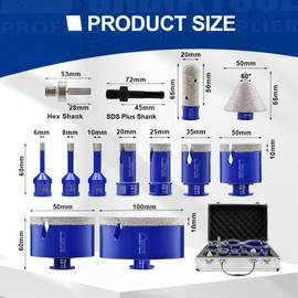 SHDIATOOL Diamond Tile Drill Bits Kit 13pcs, Porcelain Hole Saw Sets, Core Bits Cutter for Drilling Ceramic Marble Granite (6/8/10/20/25/35/50/75/100/20MM/2/SDS/HEX)