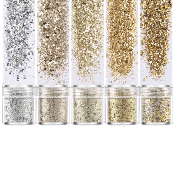 Glitter Container Glitter Nail Parts Nail Art Glitter Face Hair Ornament Christmas Party Set of 5 Gold