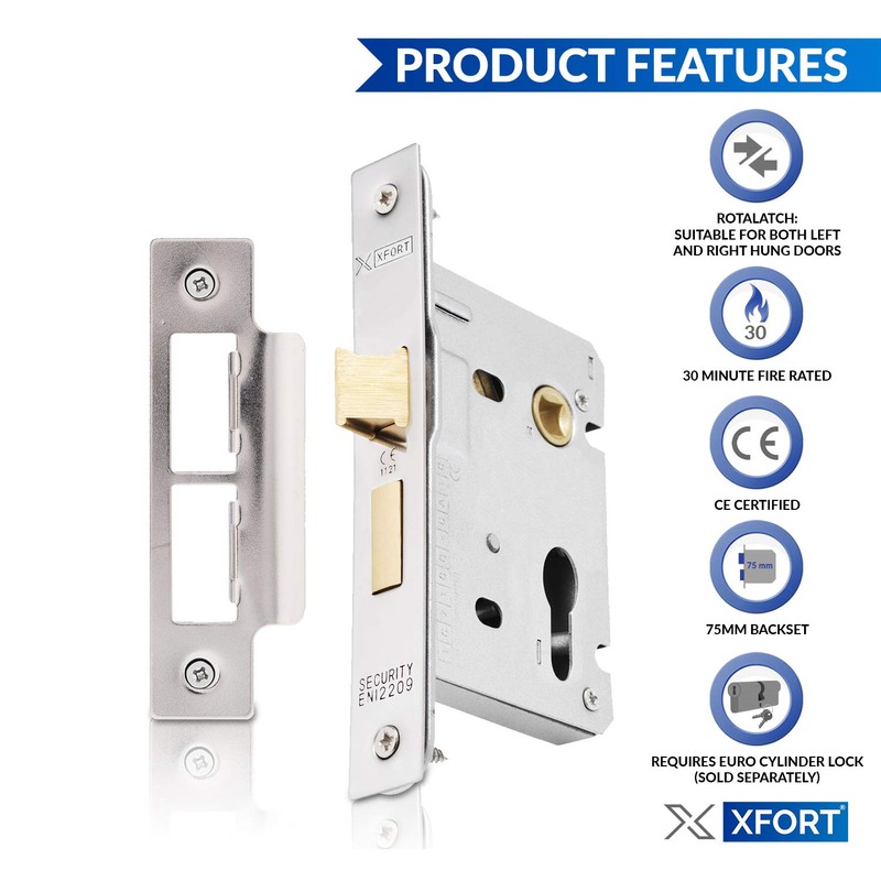 XFORT® Polished Chrome Euro Profile Sashlock 75mm, Euro Sash Lock