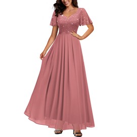 Miusol Women's Retro V-Neck Ruffle Sleeve Sequined Floral Lace Bridesmaid Party Maxi Dress (X-Large, Cinnamon Pink)