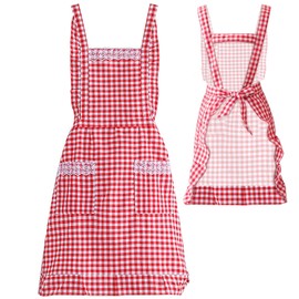 YHSKJCD Classic Vintage Apron for Women, Red and White Gingham Apron with 2 Pockets, Cotton Kitchen Apron for Cooking Baking Gardening, Gifts for Mom Wife Girlfriend Grandma