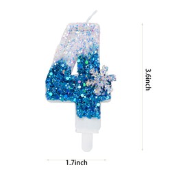 Blue Birthday Candles 4, Blue and White Glitter Birthday Number 4 Candles with Snowflake Party Supplies