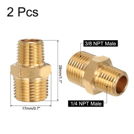 sourcing map 2pcs Hex Nipple Brass Pipe Fitting, 1/4 NPT Male x 3/8 NPT Male Threaded Pipe Adapter Pipe Connector with PTFE Tape, Gold Tone
