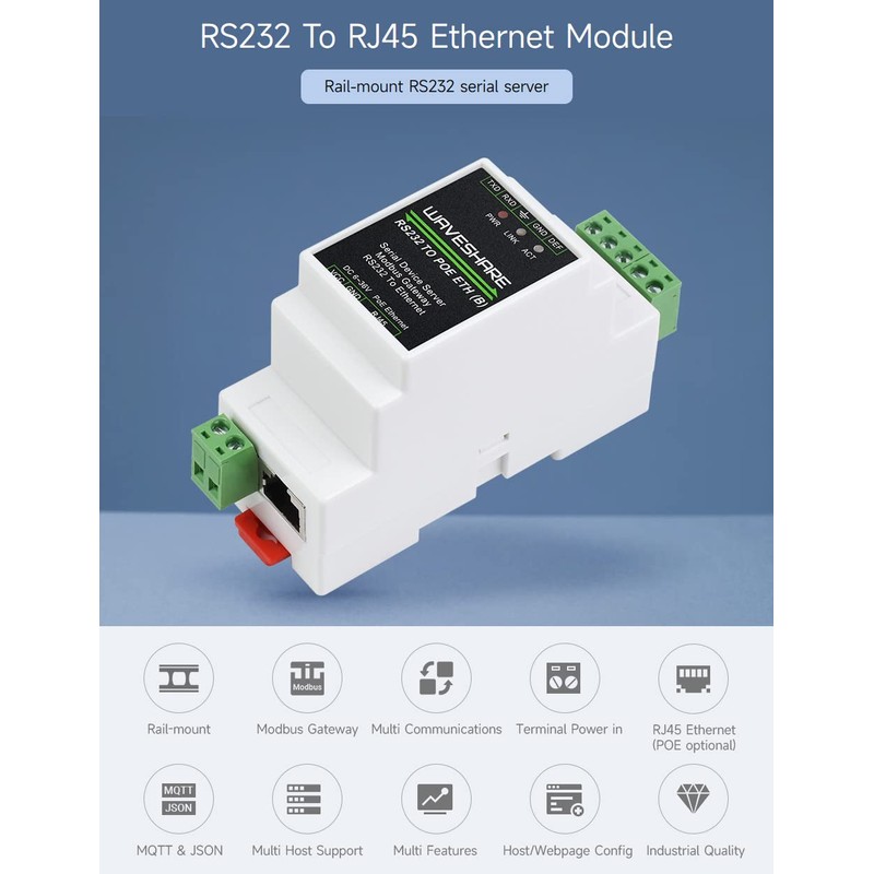 Waveshare Industrial Serial Server, RS232 to RJ45 Ethernet, TCP/IP to