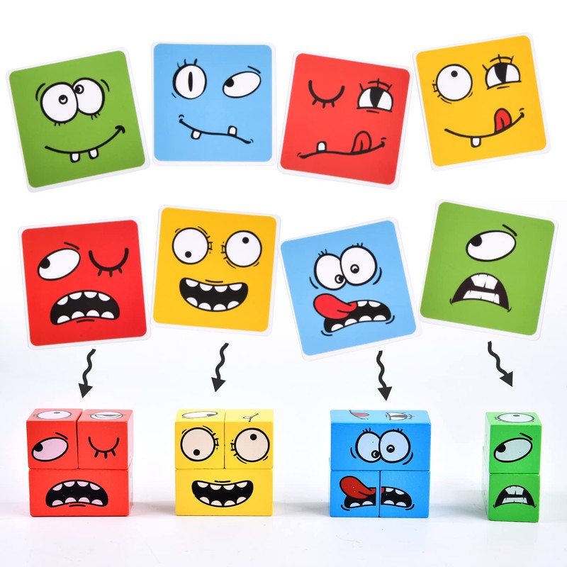 Wooden Face Changing Magic Cube Game, Expression Puzzle Building Blocks