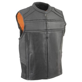 Milwaukee Leather MLM3560 Men's Black Leather Vest - Reflective Piping Elasticized Waist Open Neck Motorcycle Vest - Large