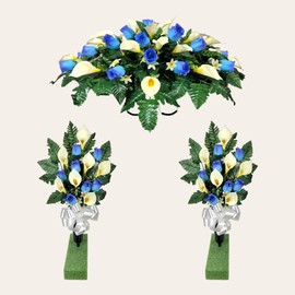 Cemetery Saddle and Cemetery Cone Pair Set - Baby Blue Rosebuds and Calla Lilies - Realistic Silk Faux Floral Artificial Grave Flowers - 3 Memorial Decoration for Headstone Decorating