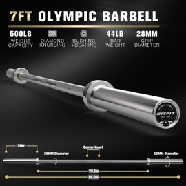 RitFit 7-foot Olympic Barbell Bar, General Purpose Weight Bar Suitable for Olympic Lifts and Power Lifts, 500LBS Capacity (with Collar)