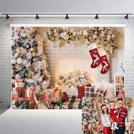 WDA Christmas White Brick Fireplace Backdrop Indoor Xmas Tree Xmas Stockings Photography Background Family Party Photo Decoration Banner (7x5FT)