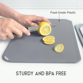 Plastic Cutting Boards with Non Slip Rubber Feet, Cutting Board Set with Large, Small, Mini Cutting Board for Kitchen, Easy Grip Handle, Dishwasher Safe, for Meat, Fruits, Camping, 3 Pieces, Gray