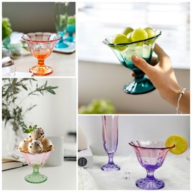FESTLOVE Iced Cream Dessert Bowls, 10 Oz Set of 4 Glass Bowl Footed Dessert Cups, Assorted Colors Drinking Cup for Sundae, Dessert, Candy, Fruit, Ice Cream, Snack Pudding