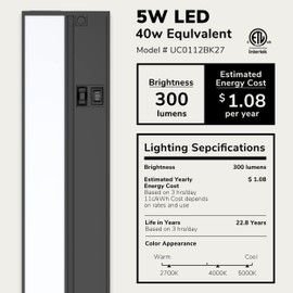 LAGOM 12" Direct Wire Dimmable LED Under Cabinet Lights, Selectable 2700K/4000K/5000K, Selectable Brightness, Black Finish, UC0112BK27