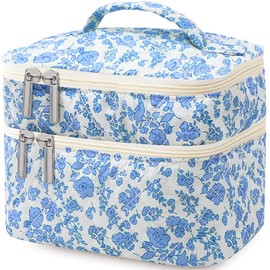 GEHORDEN Large Quilted Makeup Bag,Floral Coquette Aesthetic Toiletry Bag for Women Girls,Bilayer Travel Cosmetic Organizer Bag