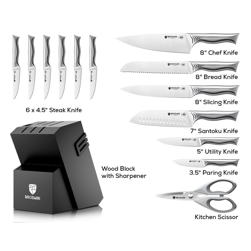 BRODARK Kitchen Knife Set with Block - 15-Piece Knife Block