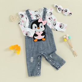 Newborn Baby Girl Outfits Penguin Print Long Sleeve Romper and Overall Pant Clothes Set 3PCS (White, 0-3 Months)