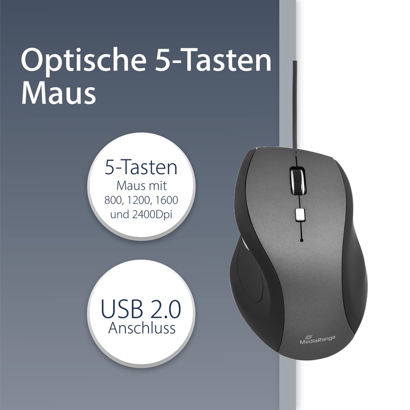 MediaRange kabelgebundene 5-Tasten Maus mit optischem Sensor, schwarz/grau