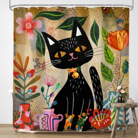 LIGHTINHOME Retro Boho Black Cat Shower Curtain 72Wx72H Inches Bohemian Floral Vintage Farmhouse Mid Century Kitten Kids Cloth Fabric Waterproof Polyester Bathroom Home Decor Set with Hooks