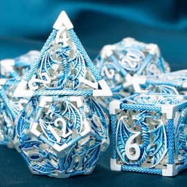 ARUOHHA Hollow DND Metal Dice Set 7PCS Role Playing Games Dice with Gift Box, Dungeons and Dragons Silver Blue Polyhedral Dice 6 Sided D and D Dice RPG D&D Dice Set D20 D12 D10 D8 D6 D4