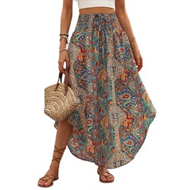 GORGLITTER Women's Maxi Skirt Paisley Pattern Long Skirt Asymmetrical Summer Skirt Bohemian Holiday Skirt Lightweight Maxi Skirts Summer Beach Skirt, khaki