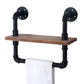 HouseAid Industrial Pipe Shelf with Towel Bar, 15-3/4 Inch Farmhouse Iron Pipe Shelving, Rustic Vintage Style Floating Shelves for Bathroom, Wall Mounted, Matte Black