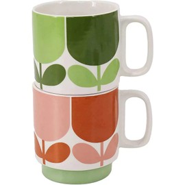 Orla Kiely Set of 2 Stacking Mugs Ceramic Block Flower - Tomato/Fern Gift Boxed