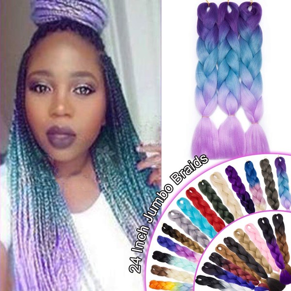 African Jumbo Braiding Synthetic Hair African Box Braids Ombre 24 Inch High Temperature Fiber Senegal Twist Braids 100g/pack 3 Tones Purple/Sky Blue/Light Pink