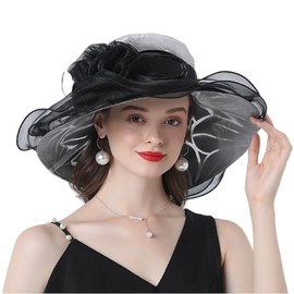 TINAYAUE Women's Organza Hat, Elegant Summer Sun Hat, Beautiful Bridal Hat, Wide Brim, Fishing Hat, Foldable Beach Hat with Flowers, Breathable Mesh Cap for Church, Weddings, Travel, Tea Party, black